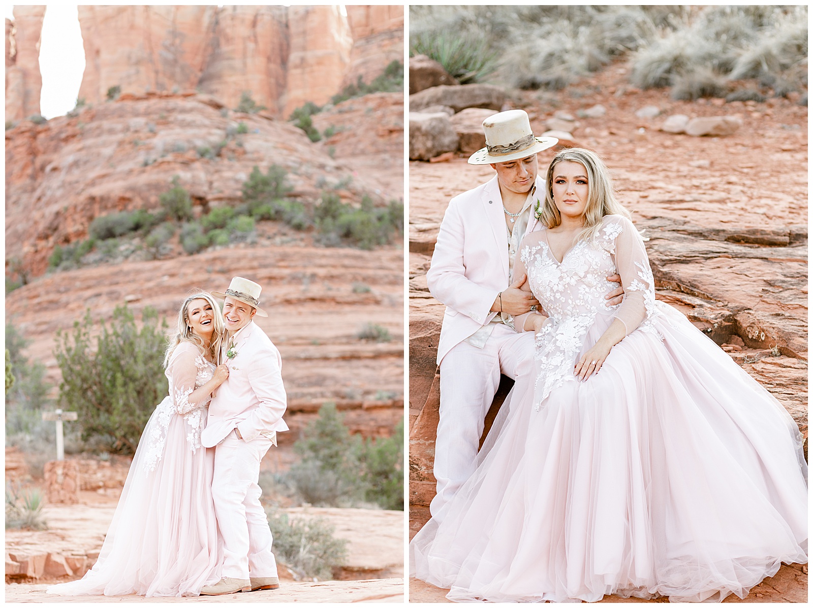 Bride and Groom sitting amongst the red rocks in Sedona