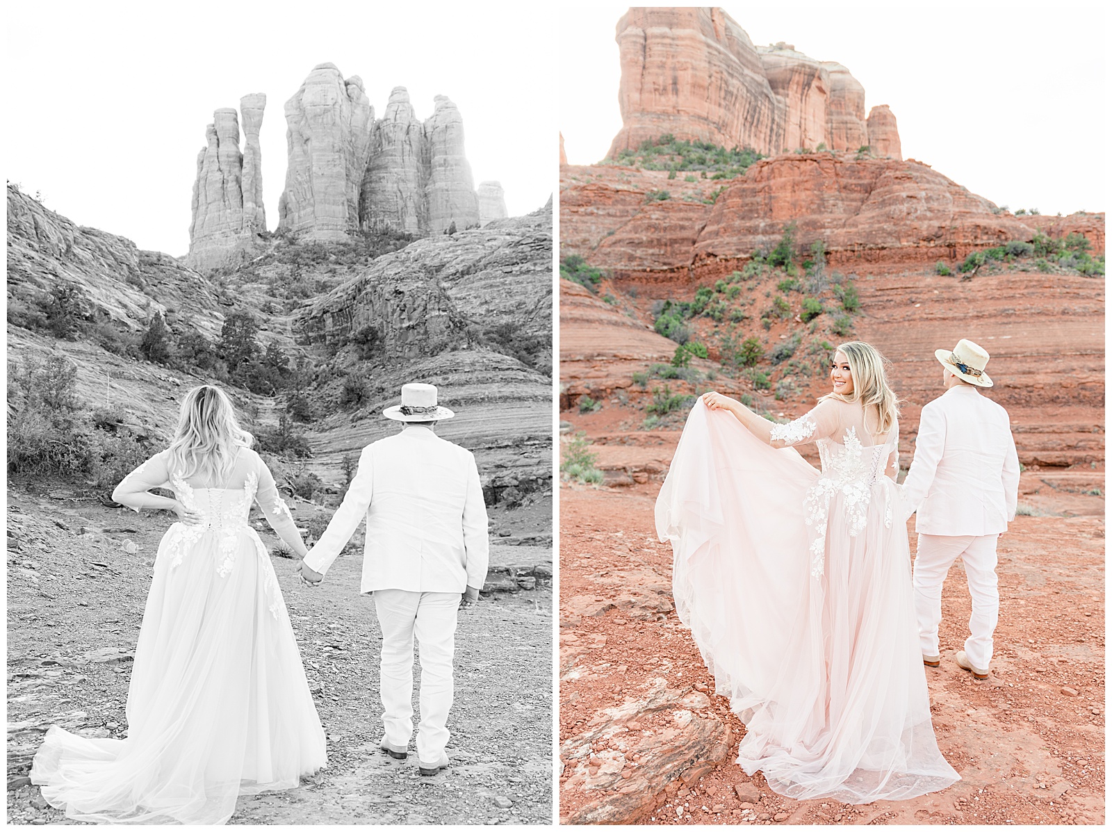Bride and groom staring at Cathedral Rock in Sedona 