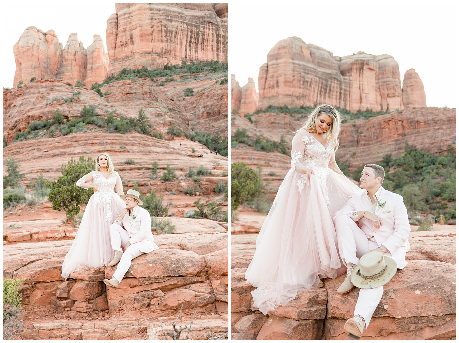 Groom sitting on red rocks with bride standing by his side