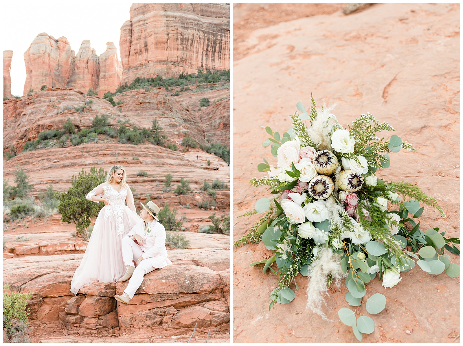 Floral bouquet from Sedona Mountain High Flowers and a bride standing next to her groom