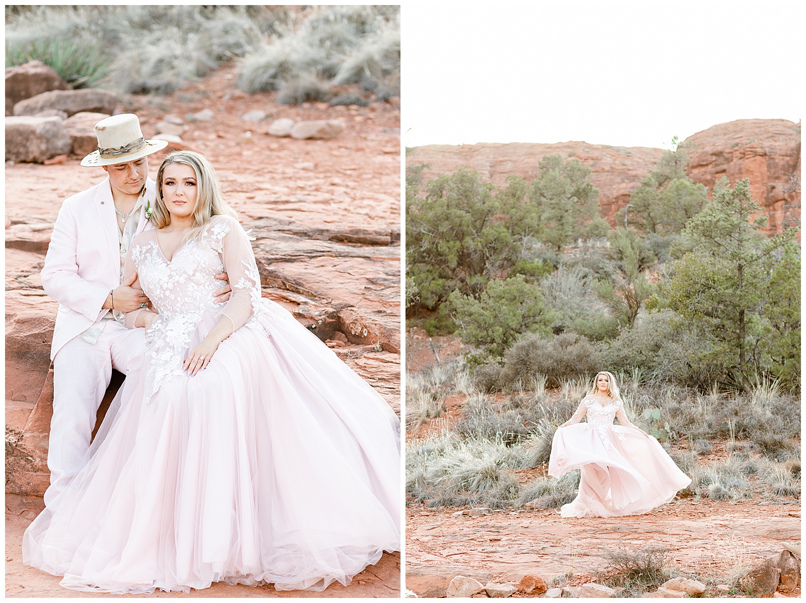Bride swinging her dress in front of red rock formations