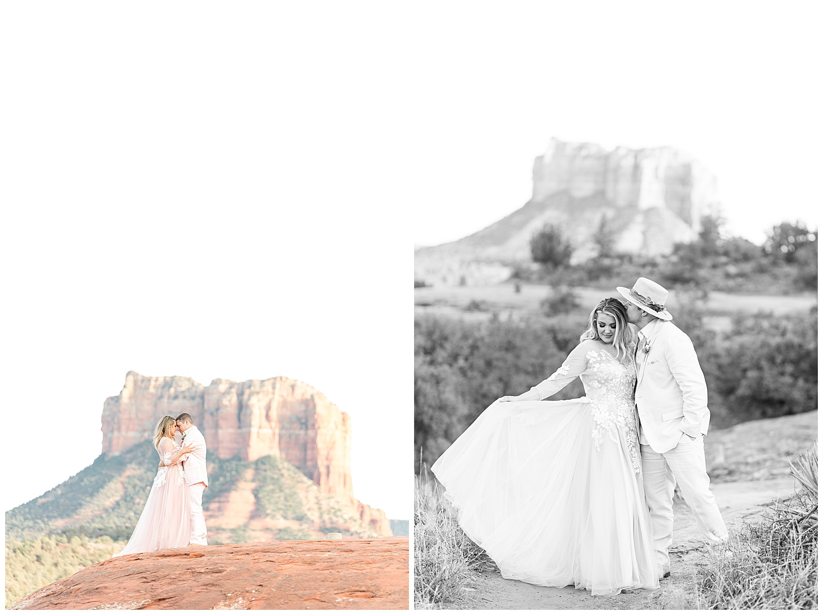 two photos of bride and groom at their elopement 
