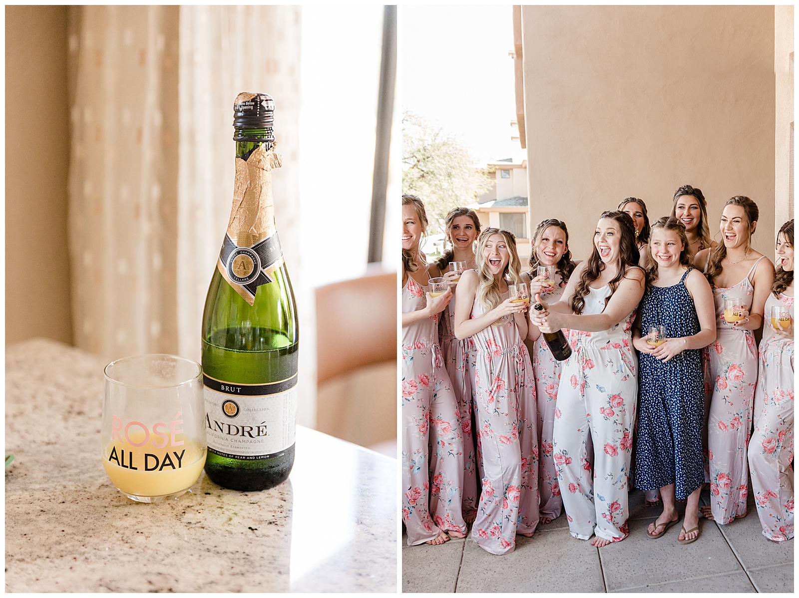 phoenix wedding photographers bridesmaids champagne toast