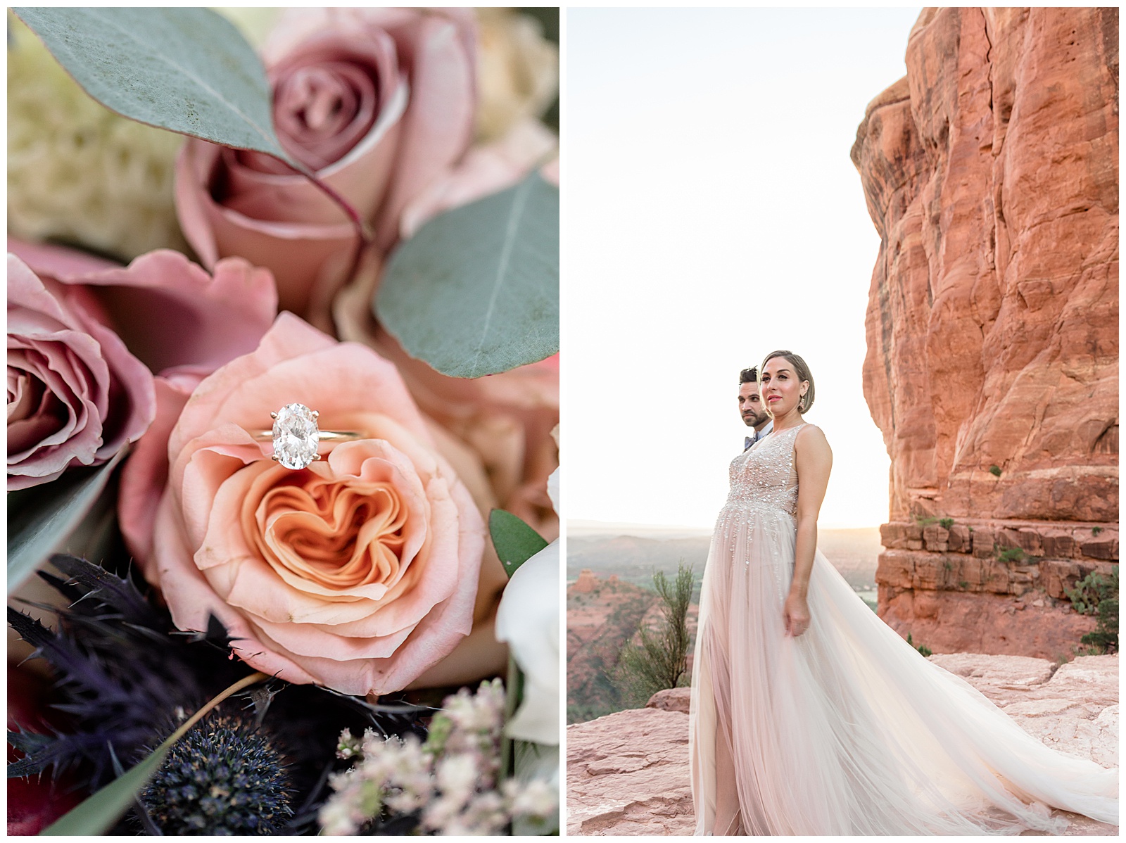 engagement photography sedona cathedral rock engagement ring in bouquet